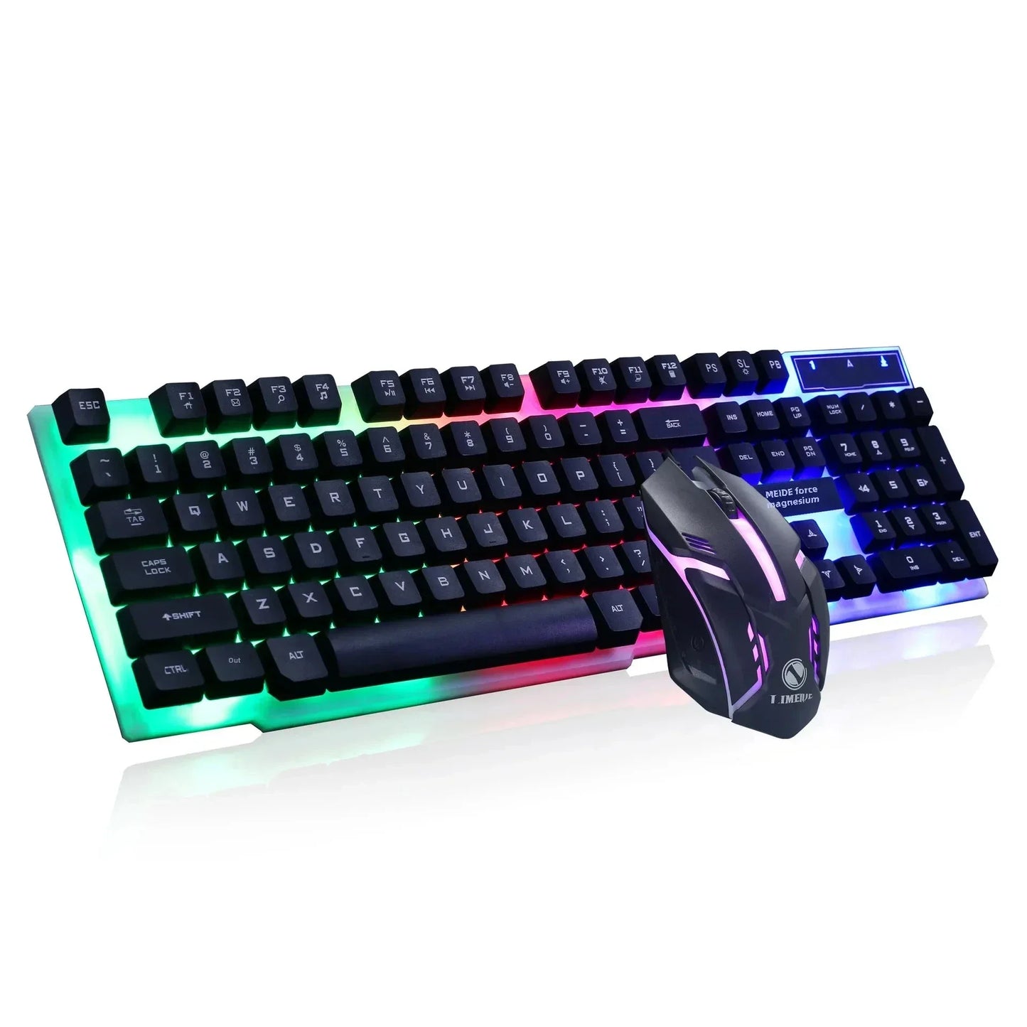RGB backlit gaming keyboard with black keys and a black gaming mouse with purple lighting