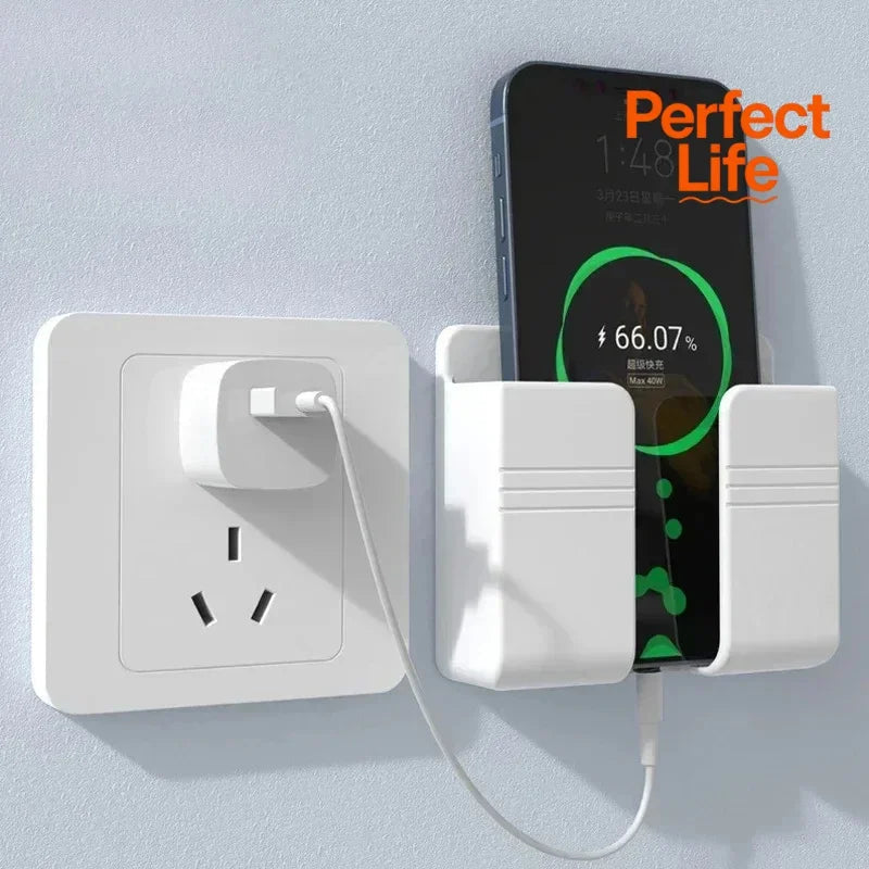 Adhesive Wall Phone Holder & Remote Organizer – Charging Storage (White) AE