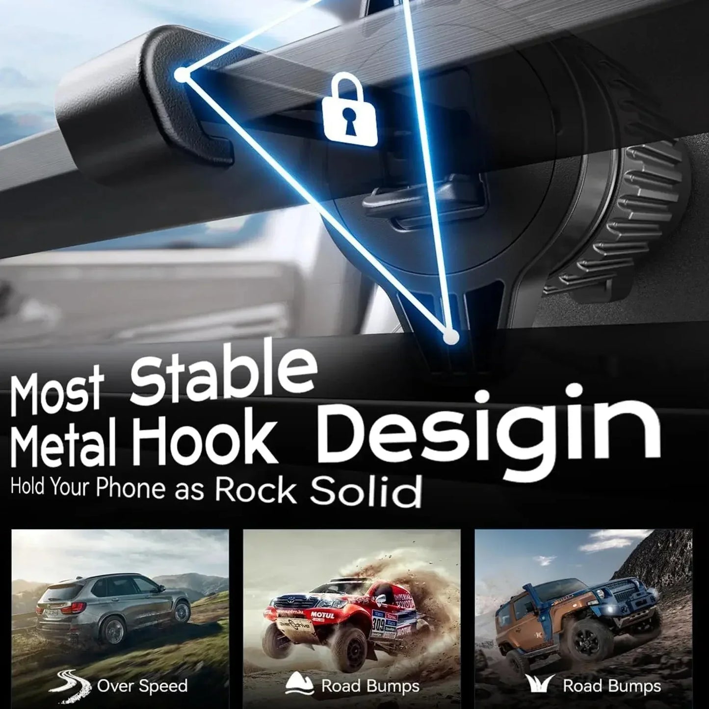 Metal hook phone holder with stable design and secure lock, supporting over speed and road bumps
