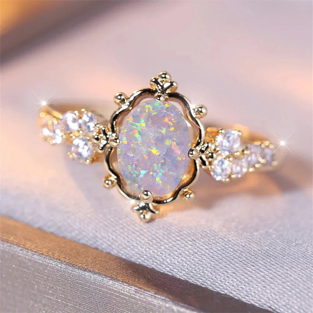 Best White Fire Opal Oval Stone Flower Ring for Woman AE