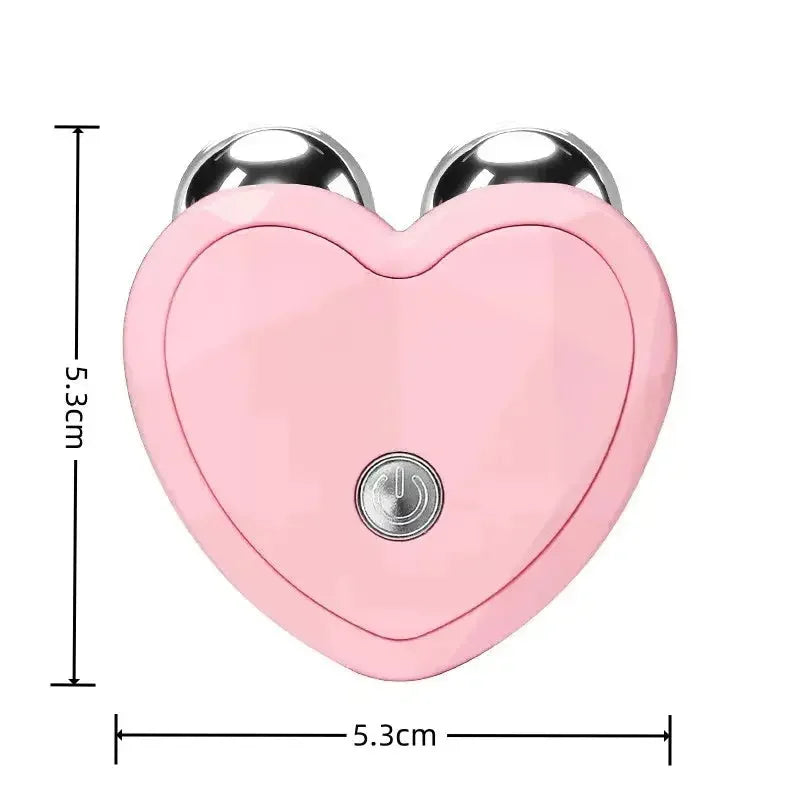 Compact pink heart-shaped handheld massager with dual silver massage balls and power button, 5.3 cm size