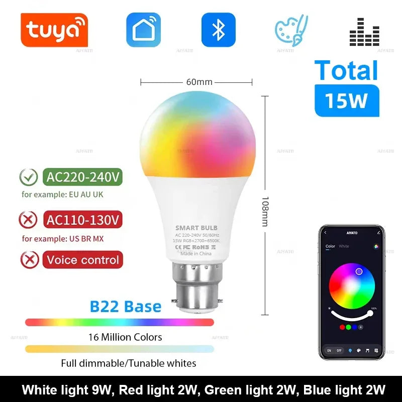 Tuya Bluetooth Smart LED Bulb Dimmable RGBCW - Color Changing Light Bulb E27 B22 15W 18W Smart Life App Music Sync - Wahtrends