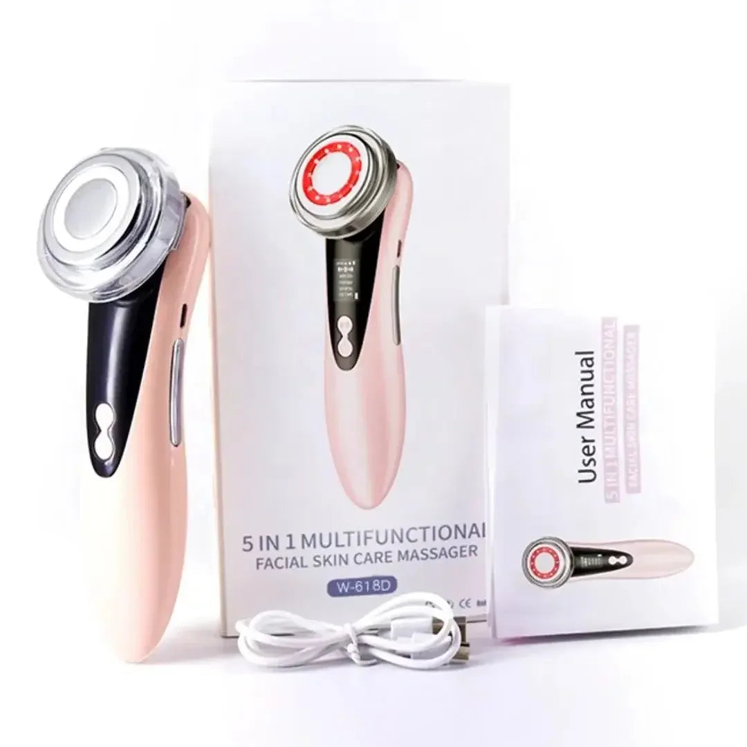 5-in-1 multifunctional pink facial skin care massager with USB cable and user manual