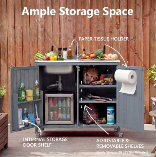 K&K Outdoor Kitchen Island Series - 2 Piece Modular Solid Wood Set, 304 Sink Stainless Steel Station W Faucet, Drawer, 2 Door Shelves, Outdoor Storage Cabinet W  Wheels For Backyard, Patio, Grey Blue CJ