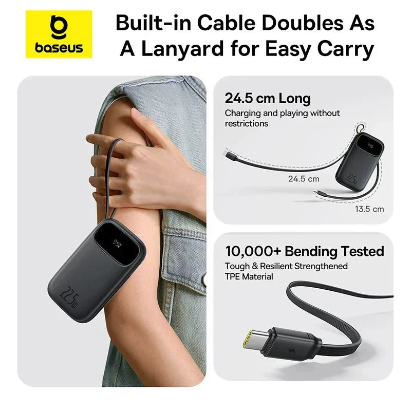 Baseus portable charger with built-in 24.5 cm cable doubling as lanyard, durable TPE bending tested