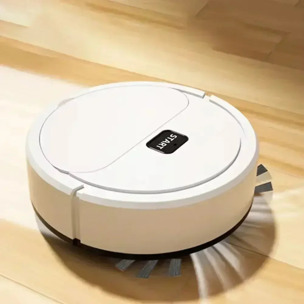 White robotic vacuum cleaner with rotating brushes cleaning light wood floor