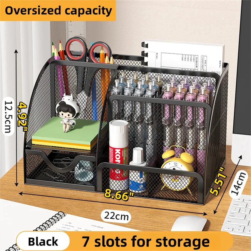 Metal Pen Holder & Desk Stationery Organizer – 7-Grid Mesh Office Storage Rack AE