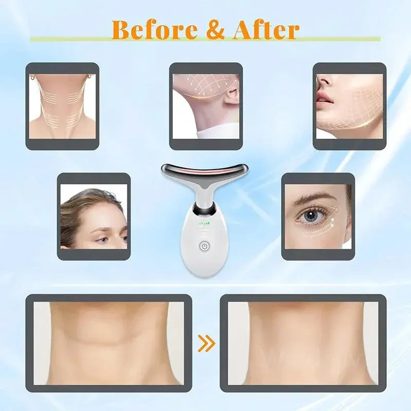Before and after neck and face skin tightening with handheld beauty device and lifting effect illustrations