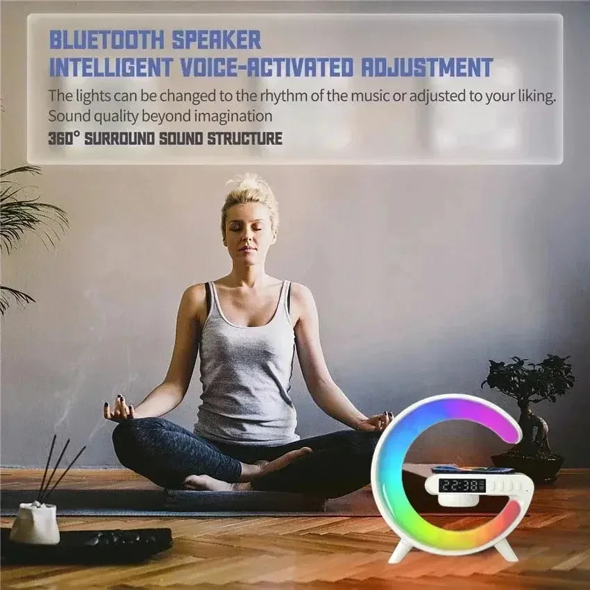 Woman meditating indoors with Bluetooth speaker featuring intelligent voice-activated adjustment and colorful lights