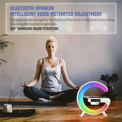 Woman meditating indoors with Bluetooth speaker featuring intelligent voice-activated adjustment and colorful lights