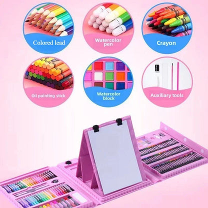 208-Piece Deluxe Kids Art Set – Pink Portable Easel Studio with Washable Markers, Crayons & Watercolours - Wahtrends