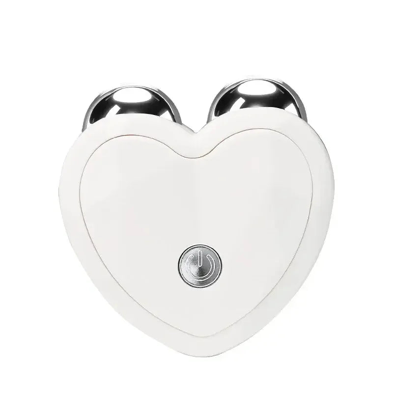 White heart-shaped facial massager with dual silver rolling balls and power button