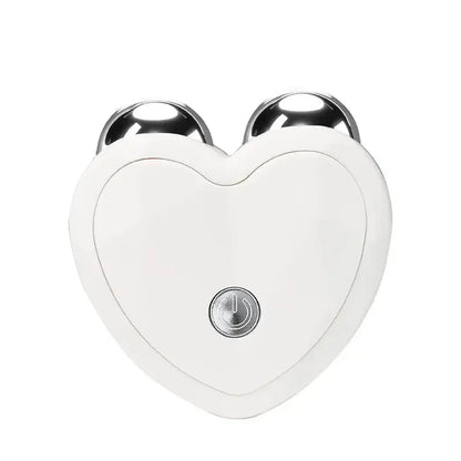 White heart-shaped facial massager with dual silver rolling balls and power button