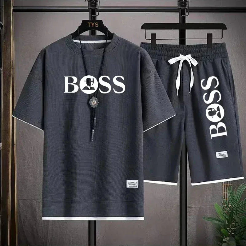 Dark gray casual t-shirt and shorts set with white BOSS logo and contrasting white trim