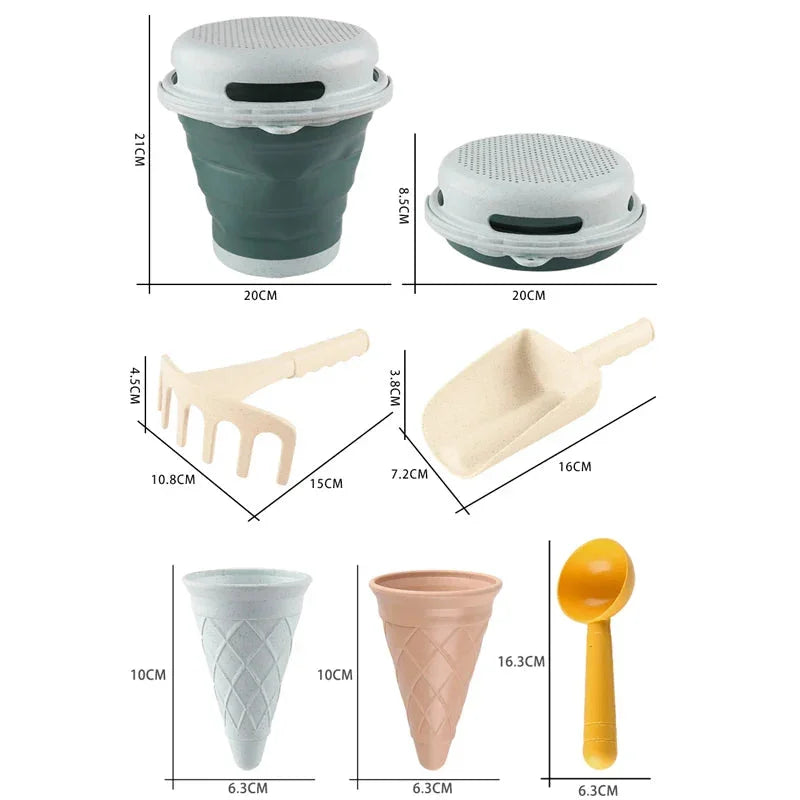 Best Collapsible Beach Bucket for Kids - 7-in-1 Sand Toys Set with Shovel, Rake, and Ice Cream Molds for Toddlers' Beach Sandbox Fun - Wahtrends