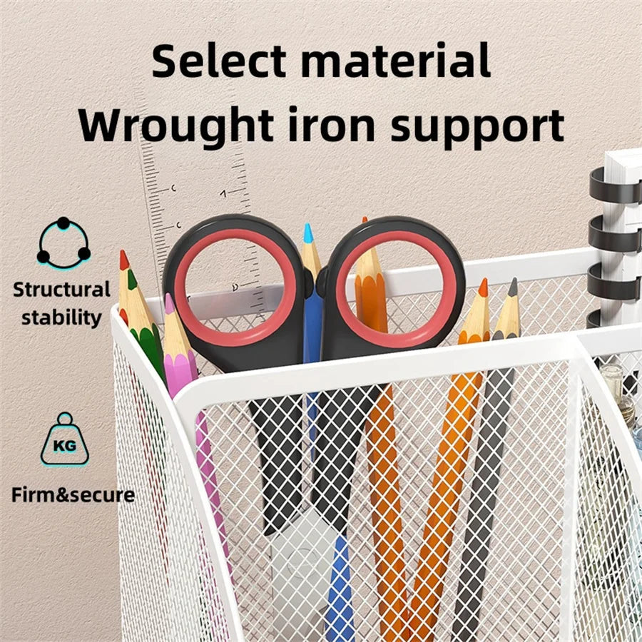 Metal Pen Holder & Desk Stationery Organizer – 7-Grid Mesh Office Storage Rack AE