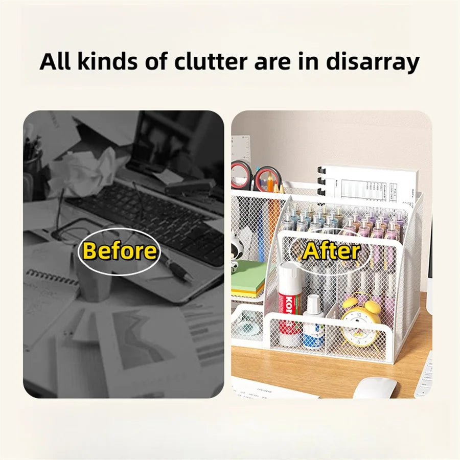 Metal Pen Holder & Desk Stationery Organizer – 7-Grid Mesh Office Storage Rack AE