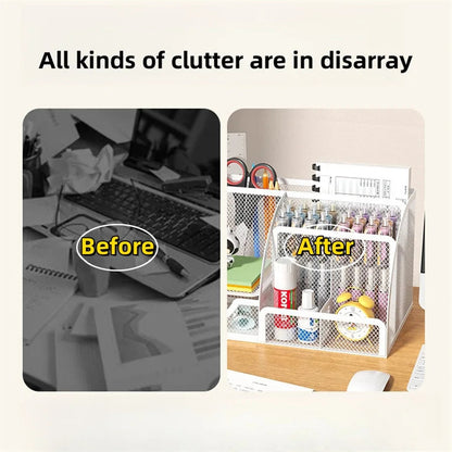 Metal Pen Holder & Desk Stationery Organizer – 7-Grid Mesh Office Storage Rack AE