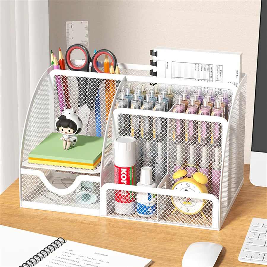 Metal Pen Holder & Desk Stationery Organizer – 7-Grid Mesh Office Storage Rack AE