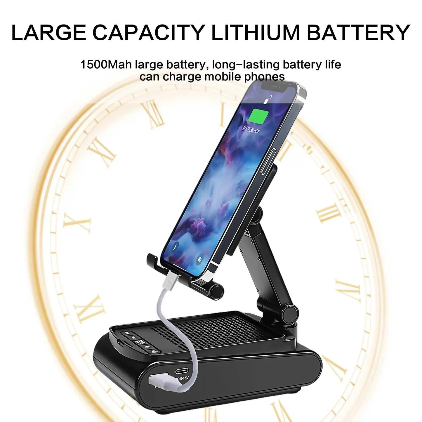 Black adjustable mobile phone stand with 1500mAh lithium battery charging an iPhone