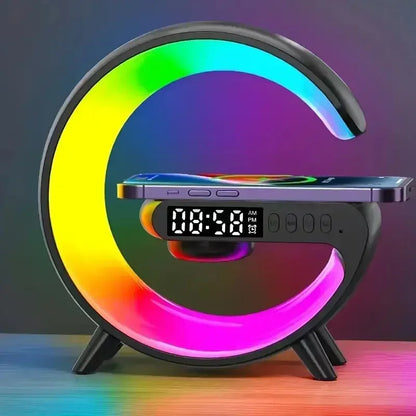 Circular LED desk lamp with digital clock and wireless phone charging showing 8:58 AM