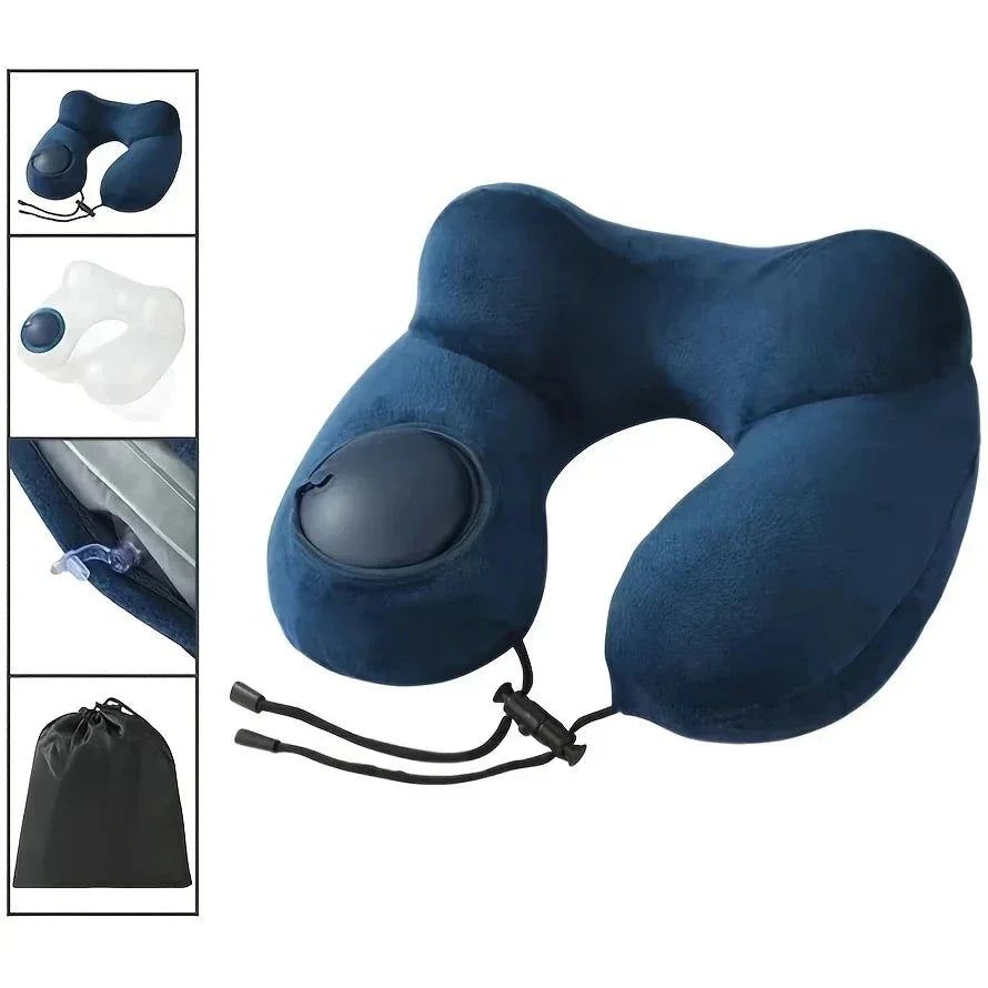 Portable Press-Inflate Neck Pillow – Self-Inflating U-Shape Travel Pillow for Airplane, Car & Office Naps - Wahtrends