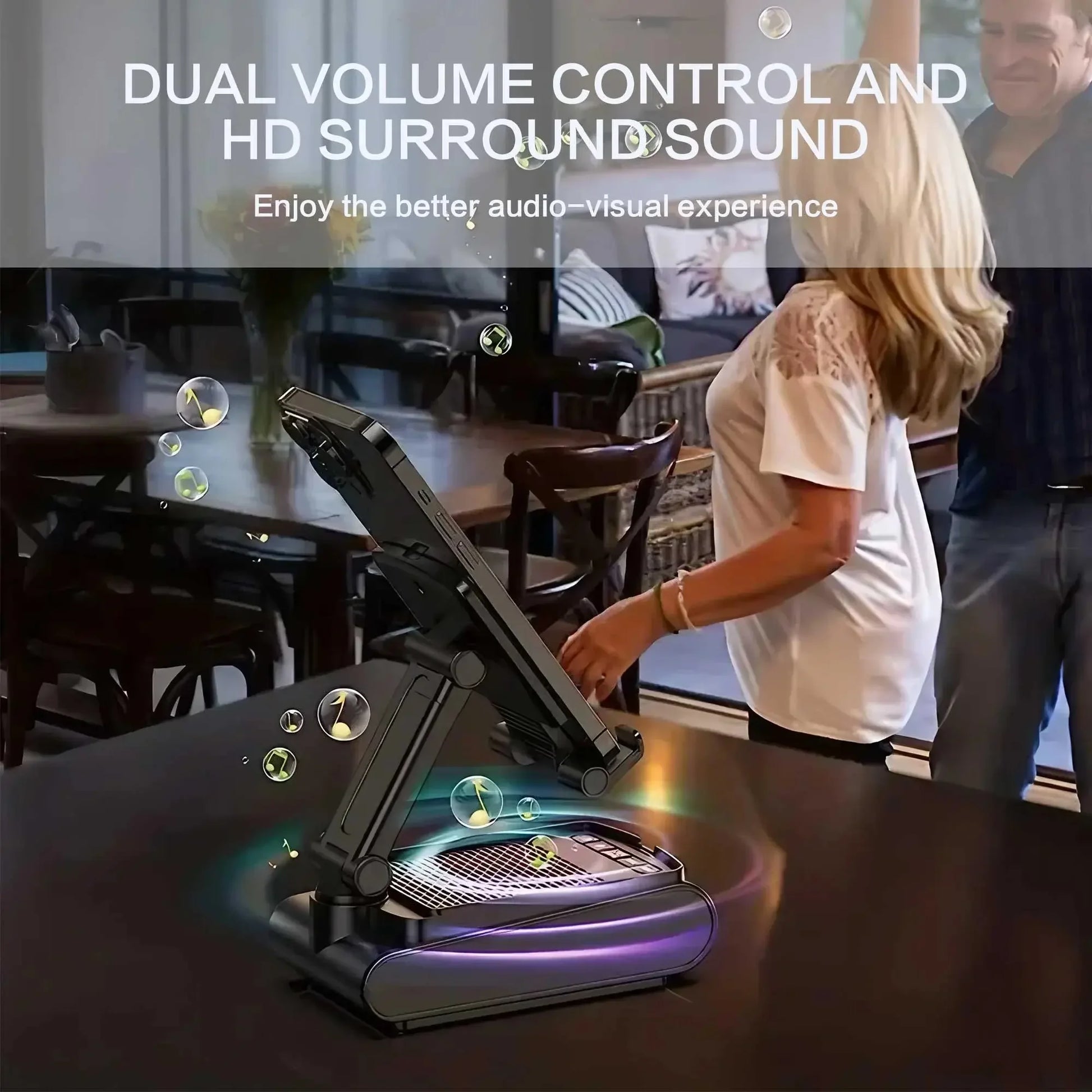 Adjustable tablet stand with dual volume control and HD surround sound on a dark table in cozy living room