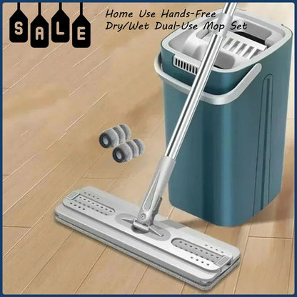 Best Hands-Free Lazy Mop Bucket Set - Dry Wet Separation Floor Cleaning System with Flat Mop and Wringer for Home Kitchen Bathroom - Wahtrends