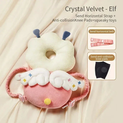 Crystal velvet elf baby safety head protector with wings, horizontal strap, and anti-collision knee pads