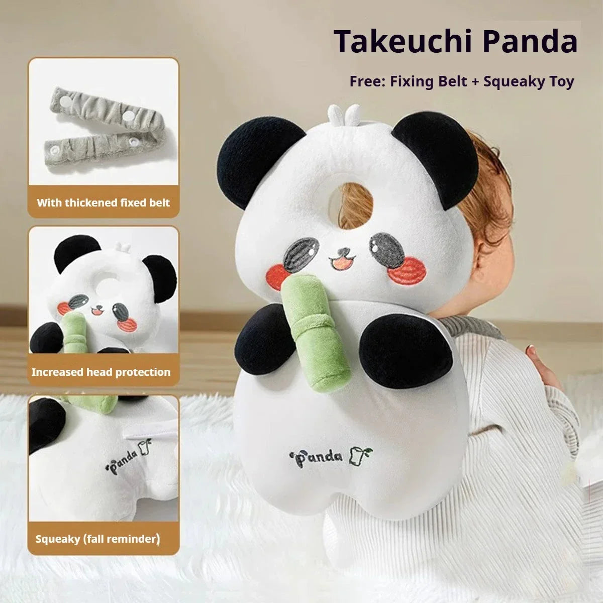 Child wearing a white and black panda head protection cushion with green bamboo toy and securing belt