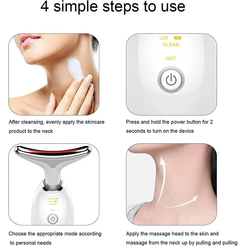 4 steps using neck skincare device: apply product, press power, select mode, massage upward