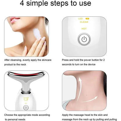 4 steps using neck skincare device: apply product, press power, select mode, massage upward