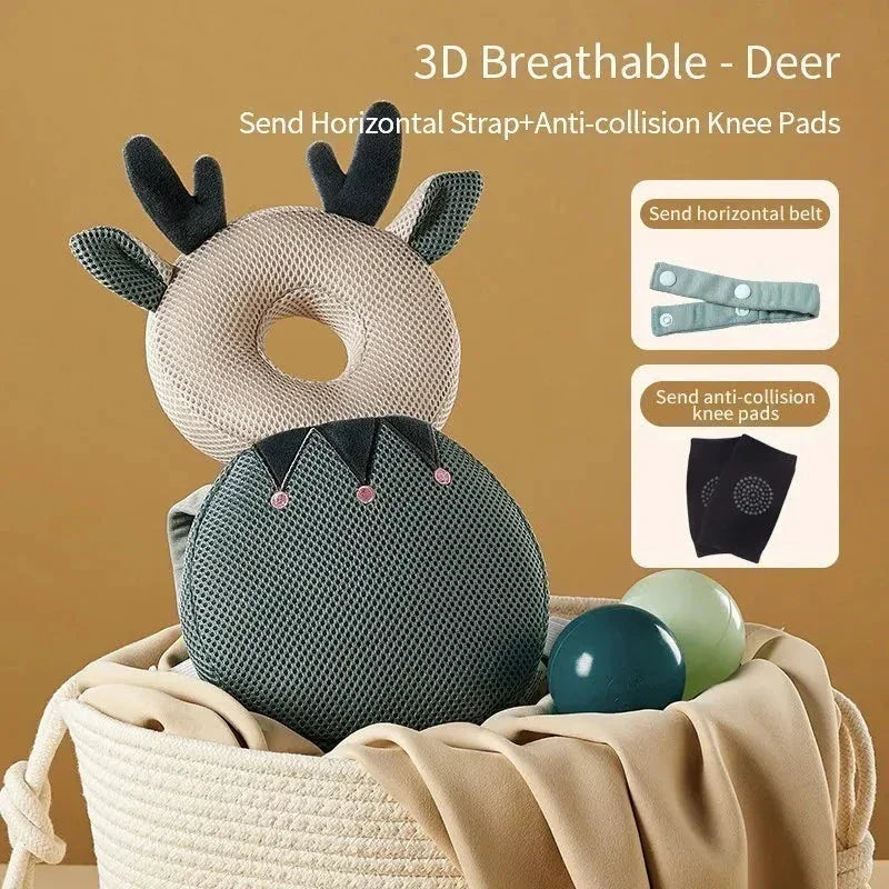 3D breathable baby crawling knee pads with deer design, horizontal strap, and anti-collision features