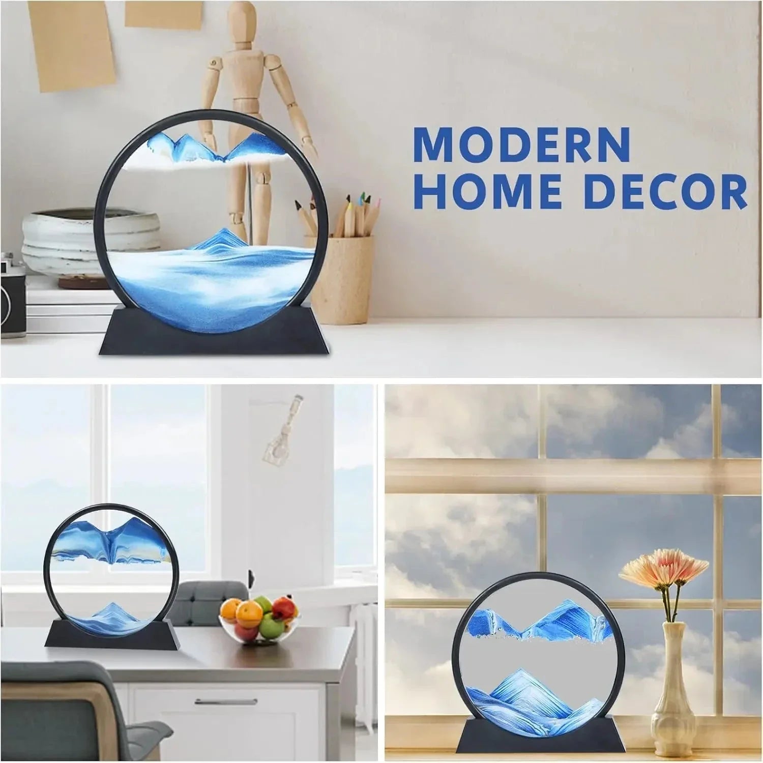Modern home decor with circular sand art showing blue mountains on desk and table