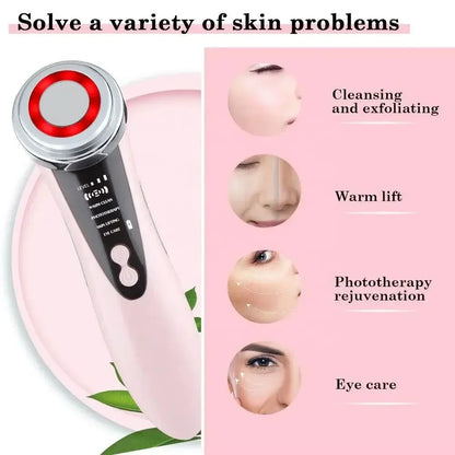 Pink handheld skin care device with red light therapy and settings for cleansing, warm lift, phototherapy, and eye care