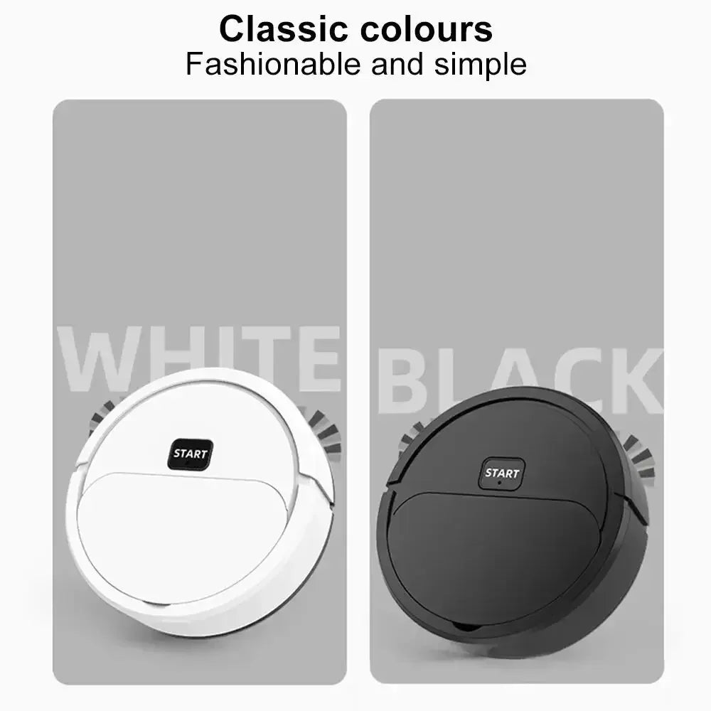 White and black round robot vacuum cleaners with start buttons, minimalist design, classic colors