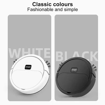White and black round robot vacuum cleaners with start buttons, minimalist design, classic colors