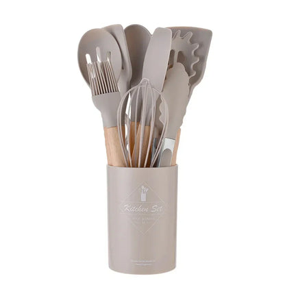 12-Piece Silicone Kitchen Utensils Set – Heat-Resistant Non-Stick Cooking Tools with Wooden Handles & Holder - Wahtrends