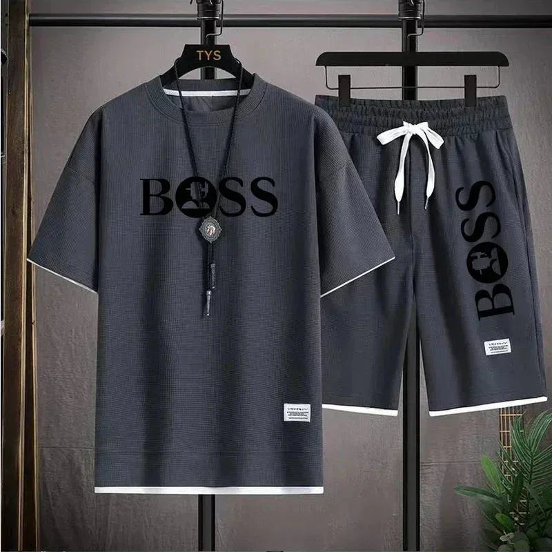 Dark gray casual loungewear set with BOSS logo, short sleeves T-shirt and drawstring shorts