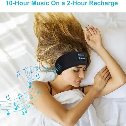 Woman sleeping in bed wearing black Bluetooth music headband with 10-hour playback and 2-hour recharge