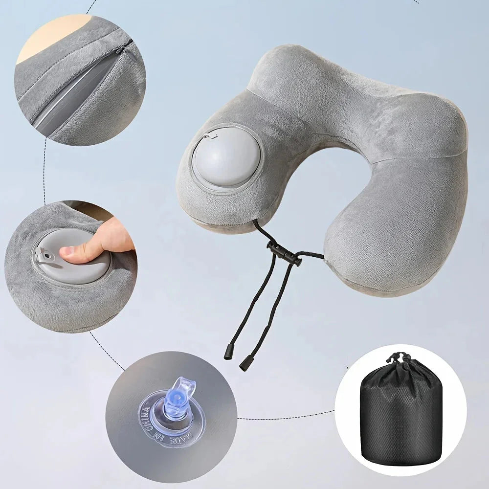 Portable Press-Inflate Neck Pillow – Self-Inflating U-Shape Travel Pillow for Airplane, Car & Office Naps - Wahtrends