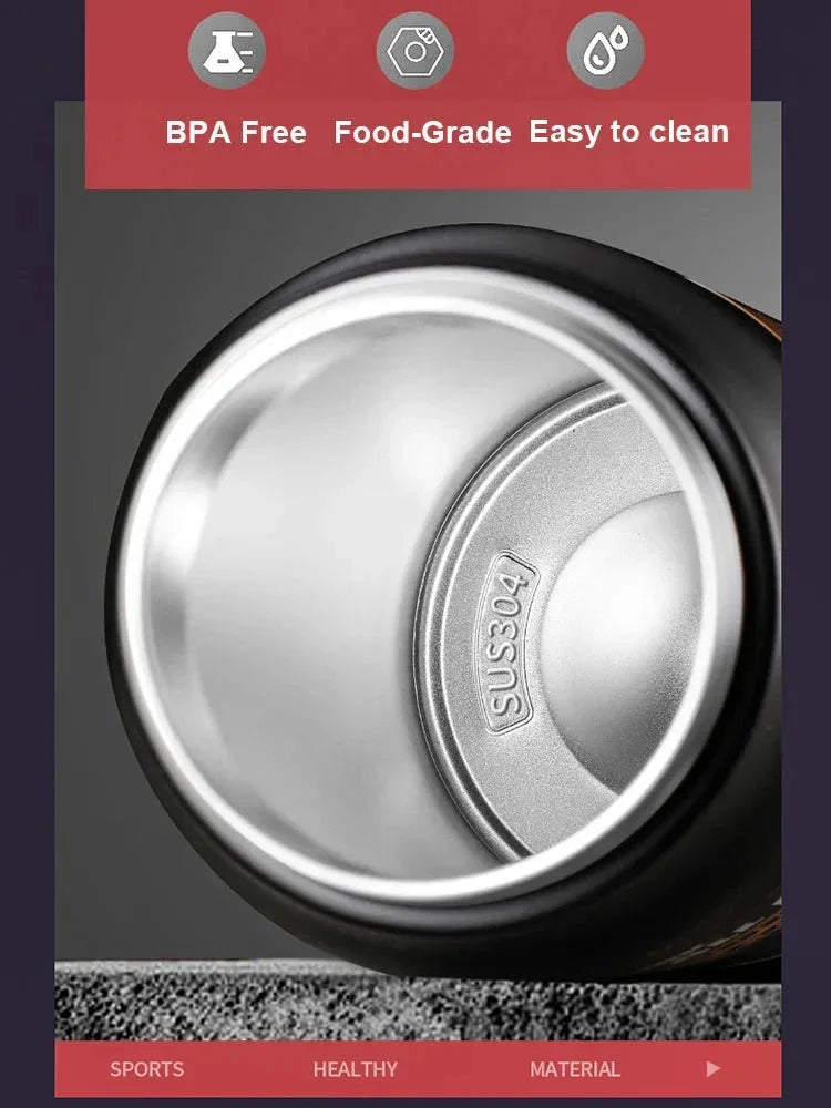 Close-up of stainless steel water bottle interior stamped SUS304, BPA free and easy to clean