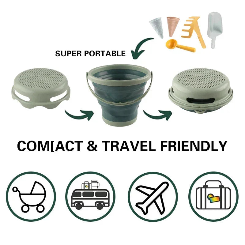 Best Collapsible Beach Bucket for Kids - 7-in-1 Sand Toys Set with Shovel, Rake, and Ice Cream Molds for Toddlers' Beach Sandbox Fun - Wahtrends