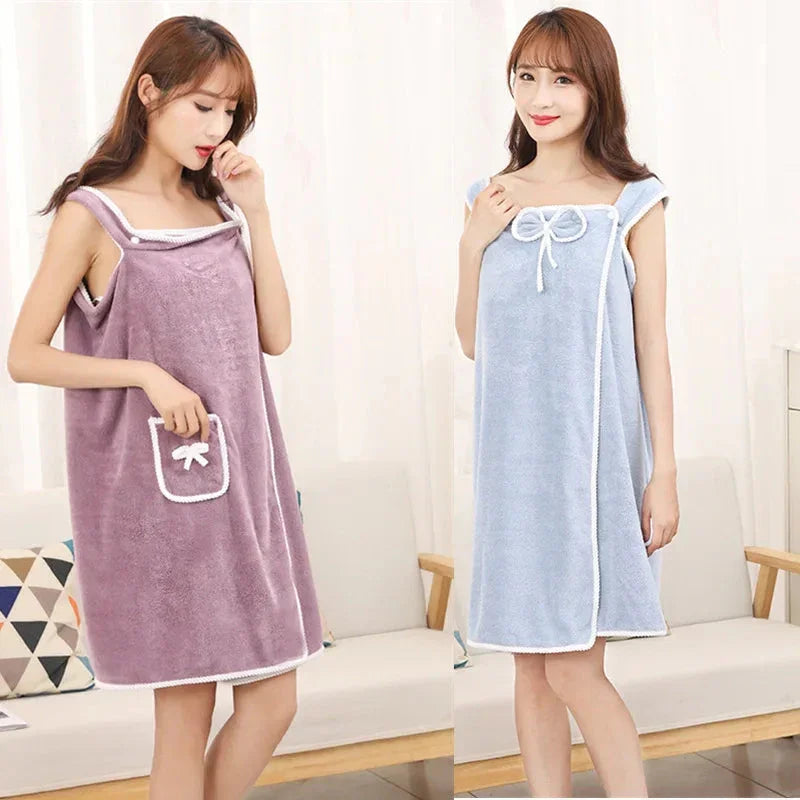 Women's Coral Fleece Bath Skirt—Thick, Absorbent, Quick-Dry Wearable Towel Robe with Cute Bow Pocket for Shower, Spa, Beach & Home - Wahtrends