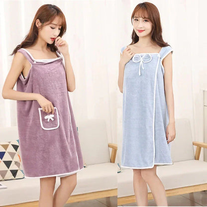 Women's Coral Fleece Bath Skirt—Thick, Absorbent, Quick-Dry Wearable Towel Robe with Cute Bow Pocket for Shower, Spa, Beach & Home - Wahtrends