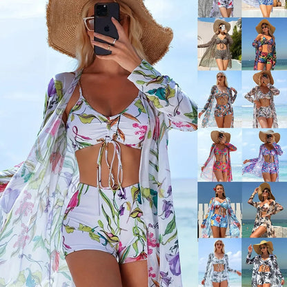 Women’s 3-Piece Floral Bikini Set with Kimono Cover-Up – High Waist Tropical Swimsuit, Butterfly Tie Top & Sun Protection Beachwear - Wahtrends
