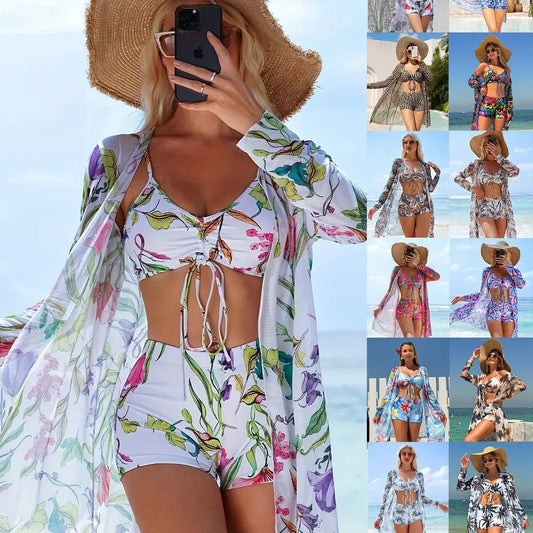 Women’s 3-Piece Floral Bikini Set with Kimono Cover-Up – High Waist Tropical Swimsuit, Butterfly Tie Top & Sun Protection Beachwear - Wahtrends