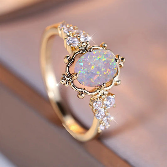 Best White Fire Opal Oval Stone Flower Ring for Woman AE