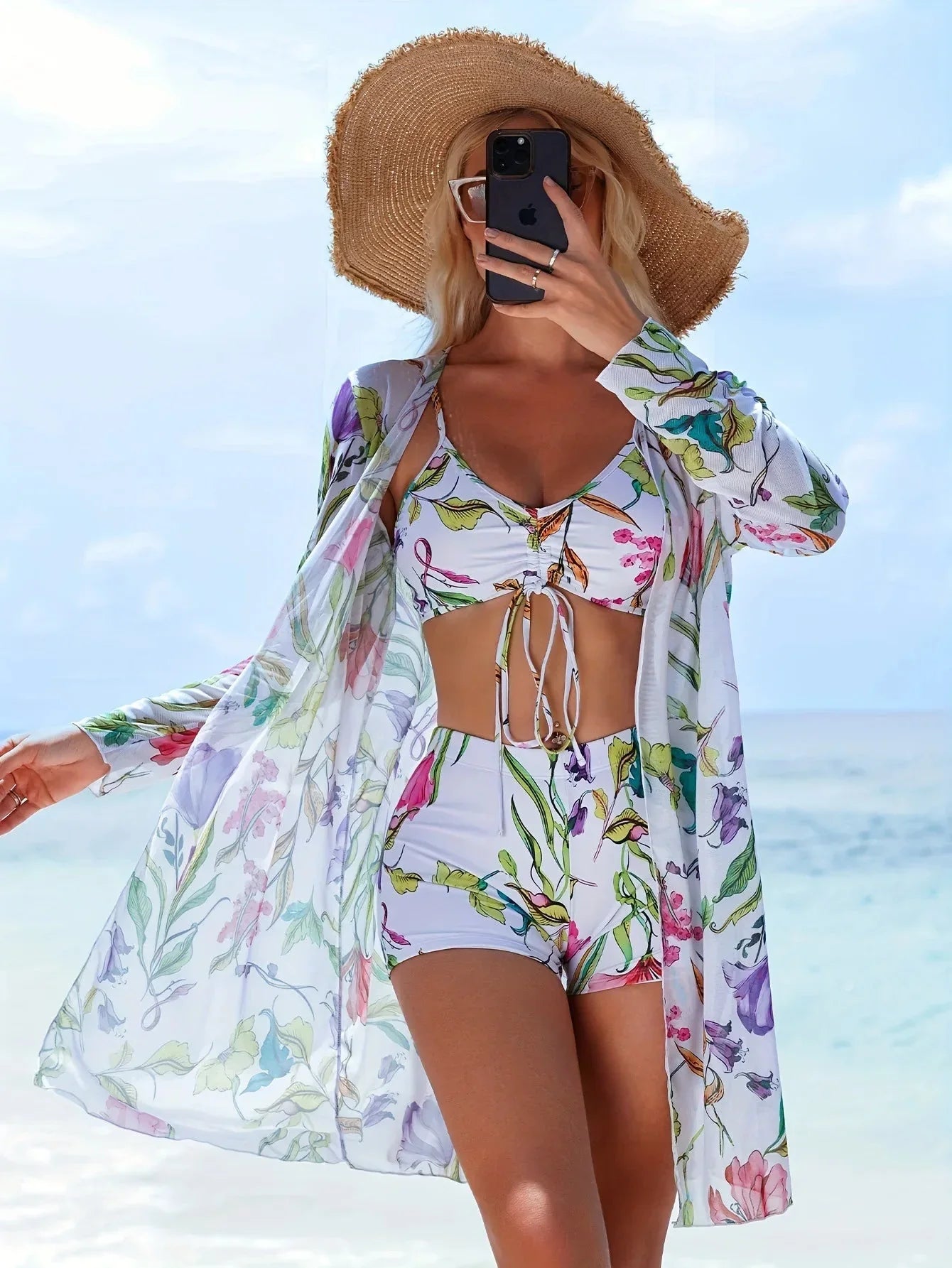 Women’s 3-Piece Floral Bikini Set with Kimono Cover-Up – High Waist Tropical Swimsuit, Butterfly Tie Top & Sun Protection Beachwear - Wahtrends