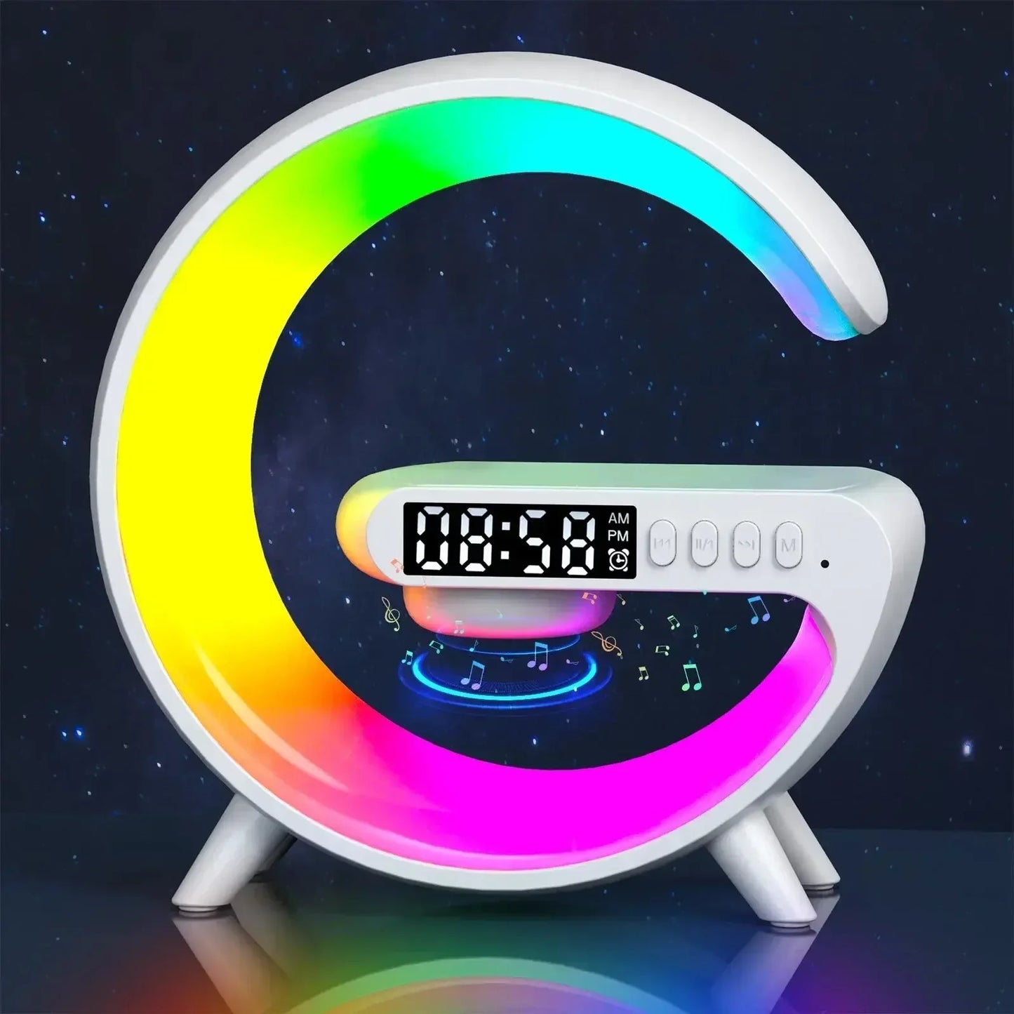 Modern digital alarm clock with colorful LED lights shaped like a crescent moon